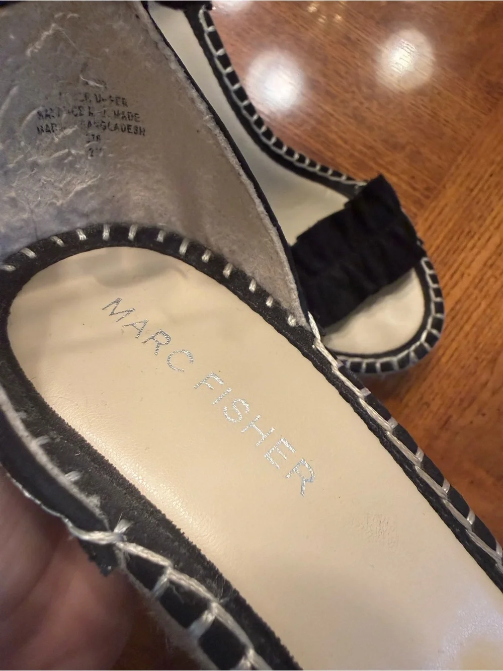 Marc Fisher Black Suede Espadrille Ruffle Strappy Wedge Sandals Size 6